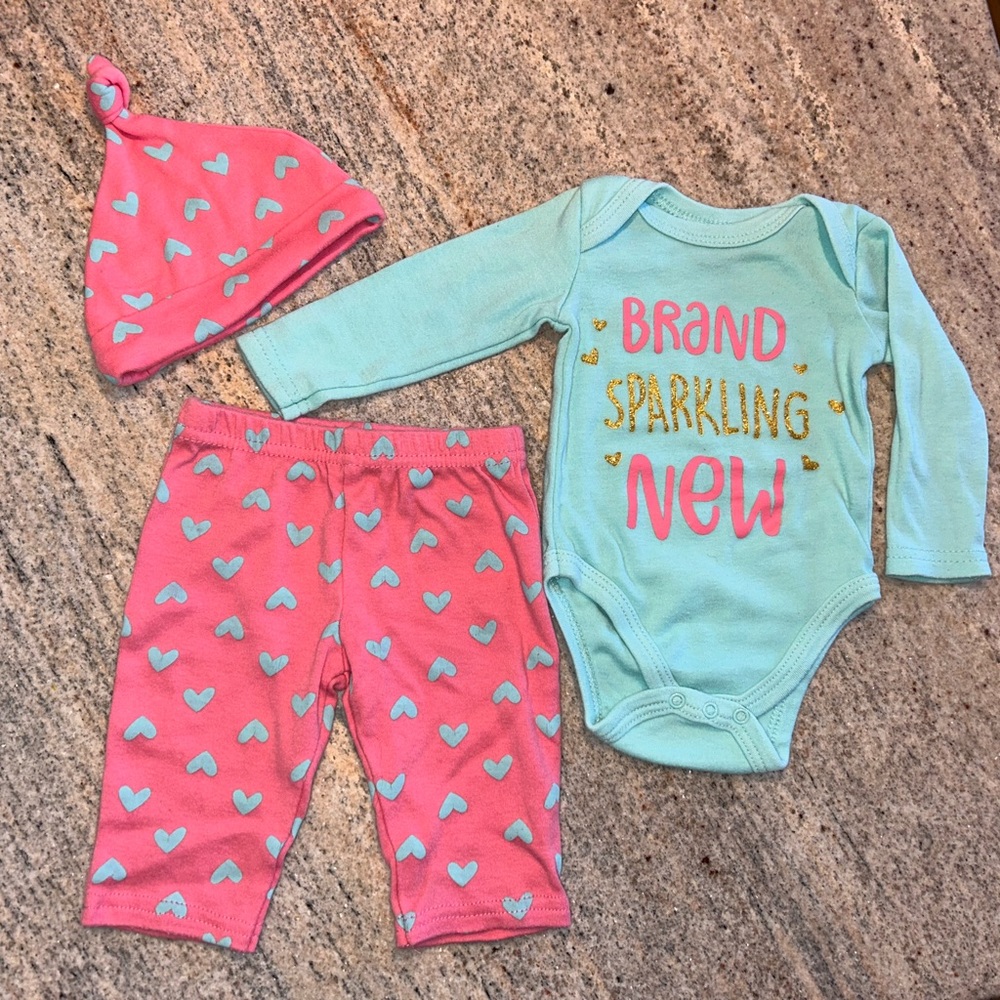 Baby Girl Swiggles 0-3 Months Outfit Set - Sparkle Onesie Heart Pants Hat Cute!
